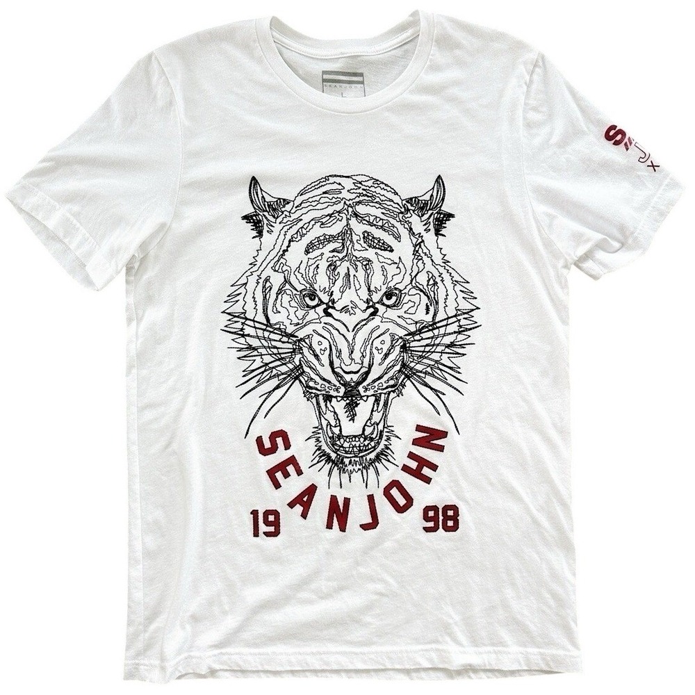 Sean John Tiger Graphic T-Shirt Mens Large White Red Y2K Hip Hop Streetwear L